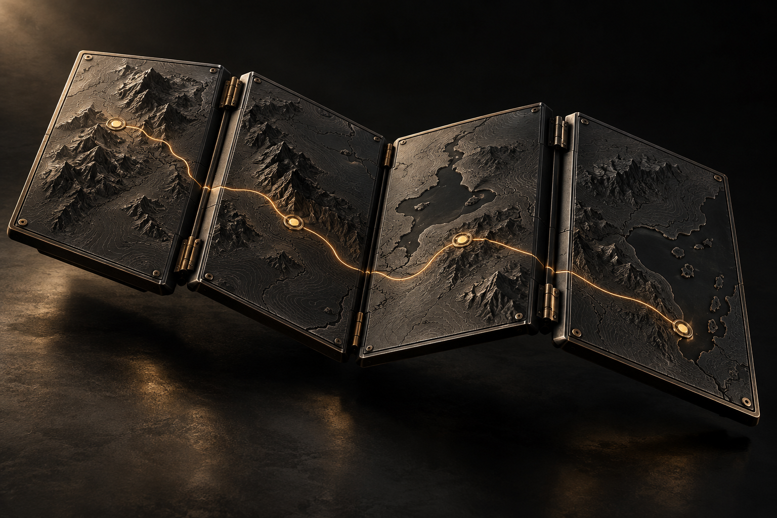 An unfolded black mechanical map with an amber route connecting four checkpoints